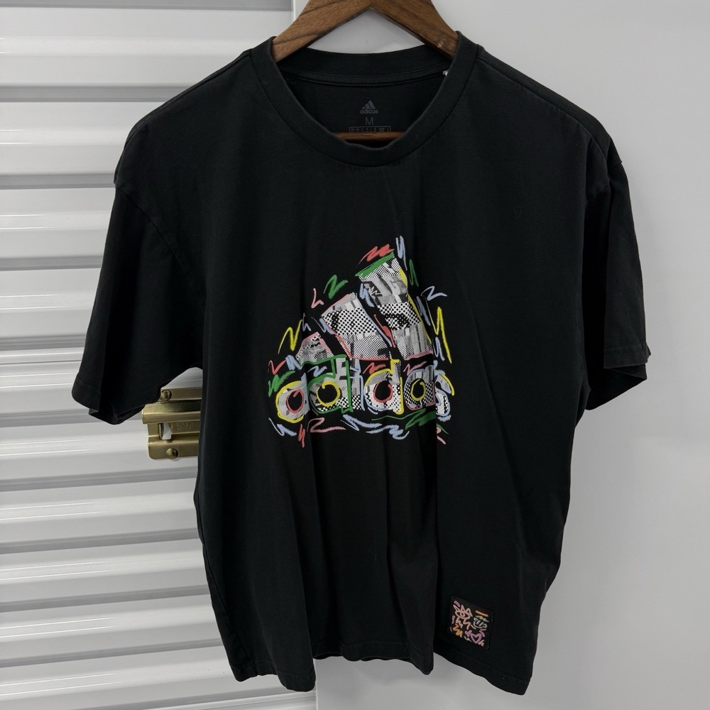 Adidas Originals T Shirt Mens Medium Black Graffiti Graphic Trefoil Streetwear